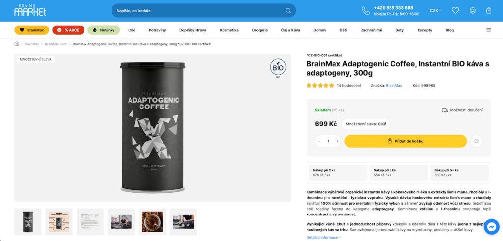 Recenze BrainMax Adaptogenic Coffee, Instantní BIO káva s adaptogeny, 300g