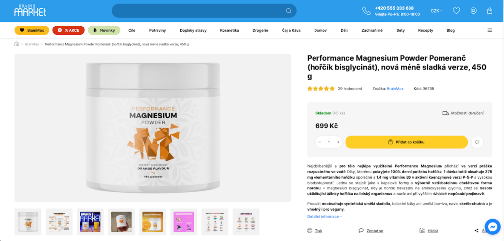 Recenze Performance Magnesium Powder Pomeranč (hořčík bisglycinát) 450 g